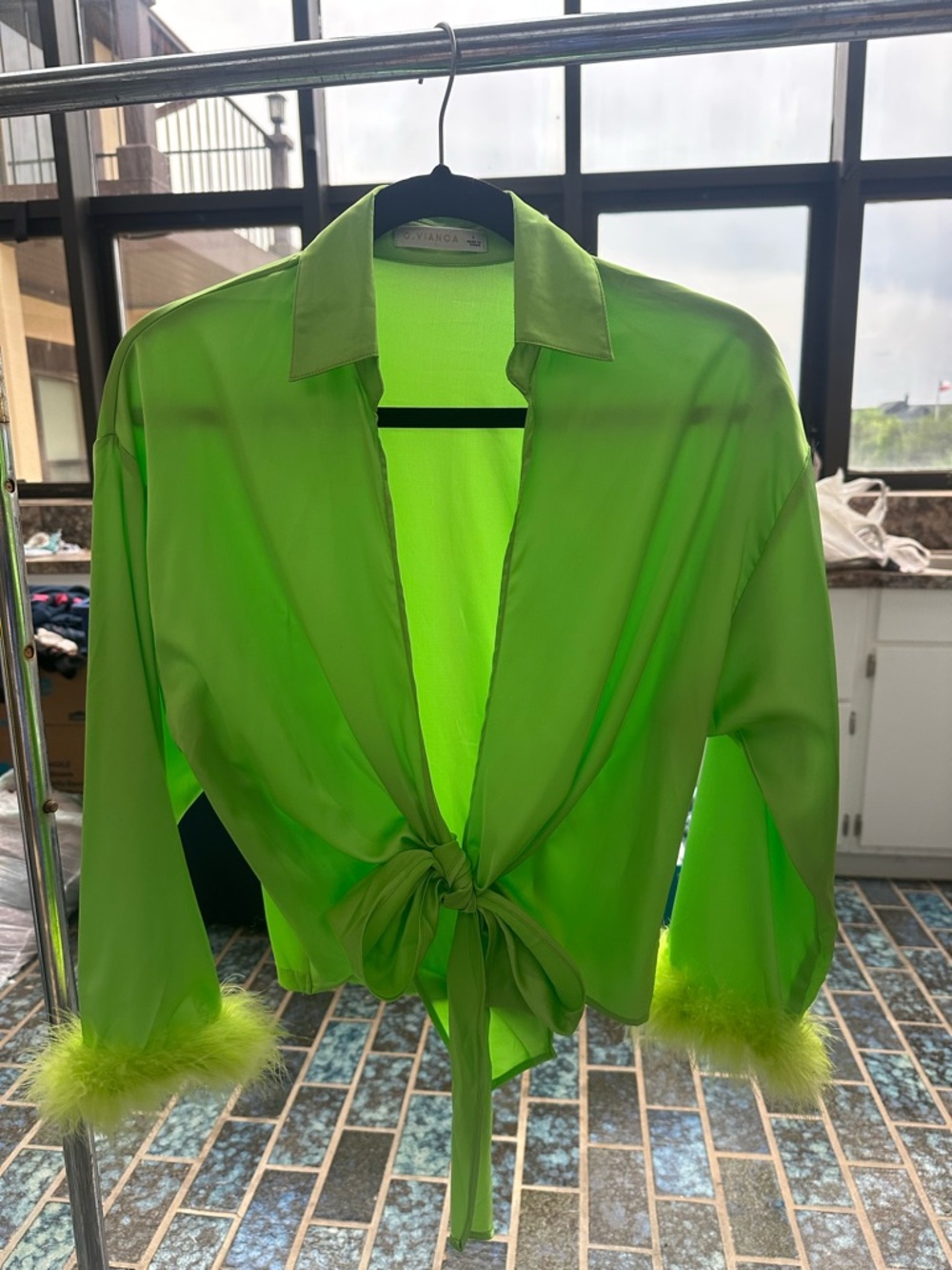 Neon Green Satin Tie-Front Blouse with Feather Cuffs